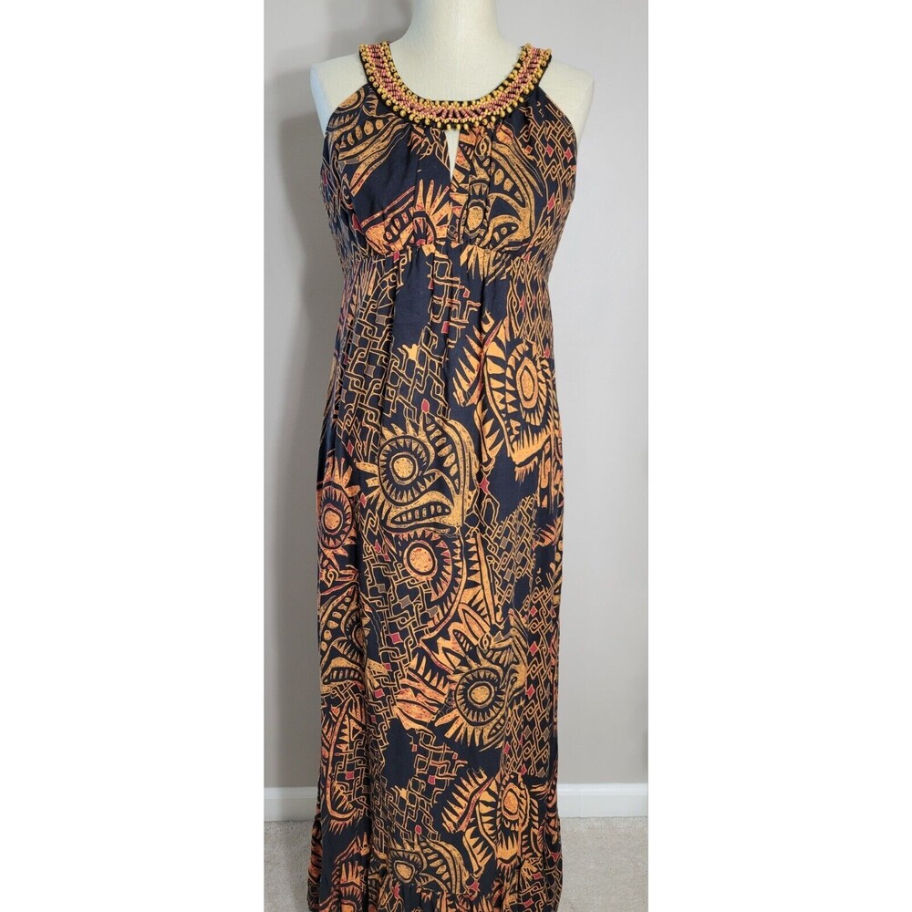 Vintage 90s Tribal Batik Style Maxi Dress w/ Beaded Collar  R&K Originals Size 8